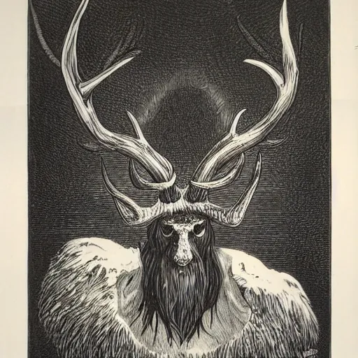 Prompt: bird entity with enormous antlers, horror art, etching