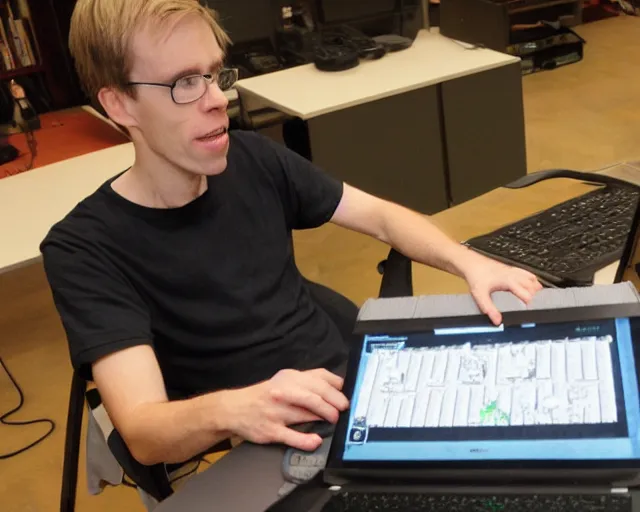 Prompt: john carmack writes code for minecraft! in pascal! on the laptop, bw photo