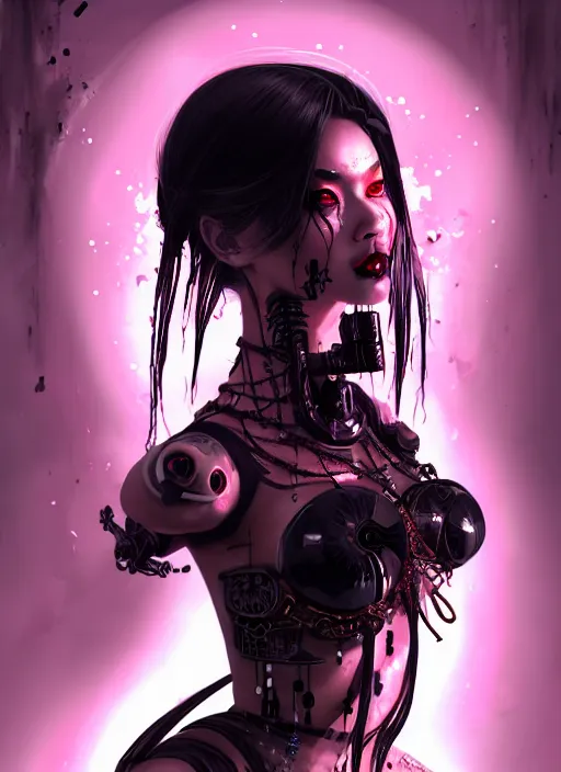 Prompt: soft lustrous ebony geisha seductive raver yakuza gothic cyborg cyberpunk gutter punk, decay, underworld, dark fantasy, dark art, highly detailed, digital painting, octane render, artstation, concept art, smooth, sharp focus, illustration, art by artgerm, loish, wlop