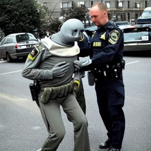 Image similar to extraterrestrial zeta reticulan grey alien, being arrested by spetsnaz