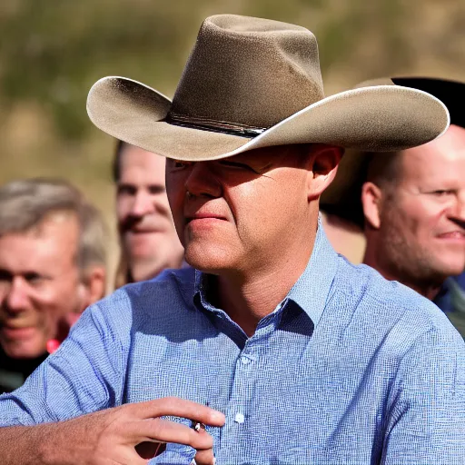 Prompt: Olaf Scholz in the Wild West with other cowboys
