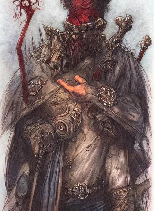 Image similar to portrait of one eyed wizard, beautiful! coherent! dungeons and dragons character, by brian froud, strong line, deep color, chainmail, short red hair, high contrast