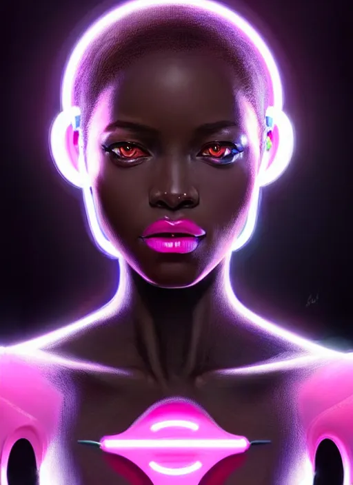Prompt: portrait of african female humanoid, very intricate, elegant, cyber neon lights, highly detailed, digital illustration, trending in artstation, trending in pinterest, glamor pose, concept art, smooth, sharp focus, art by artgerm and greg rutkowski