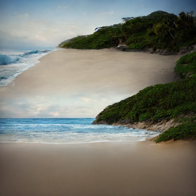 Image similar to surreal hyperrealistic photograph of a beach, shot toward the ocean