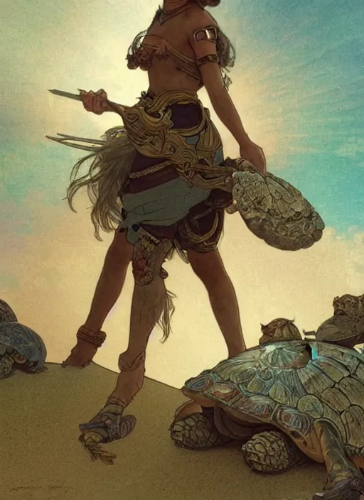 Image similar to a little warrior girl standing on top of one giant turtle walking in the desert. the girl has dark skin and beautiful green eyes, realistic full body and a very beautiful detailed symmetrical face with long black hair. diffuse light, dramatic sky and landscape, long shot fantasy illustration by mucha