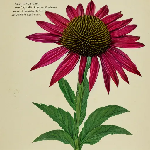 Image similar to echinacea, illustration from a botanical treatise, rich and contrasting colours