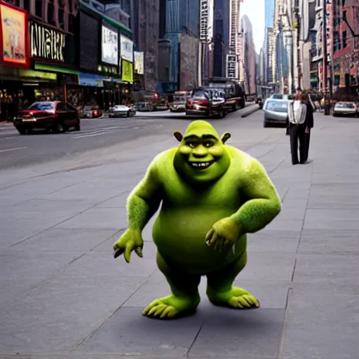 Prompt: shrek walking on new york street wearing a suit , hyperrealistic