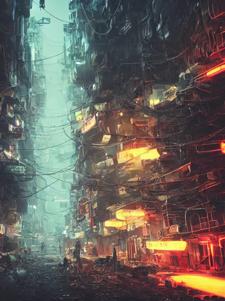 Image similar to futuristic dieselpunk street, cable stone ground. lots hanging cables, tiny wires on the ground. narrow, garbage on the ground. rain. fog, haze, evening. led screens. neon signs. golden hour. volumetric lighting. cables on the ground. very messy. futuristic. photorealistic. artstation. anime. studio gimbli style