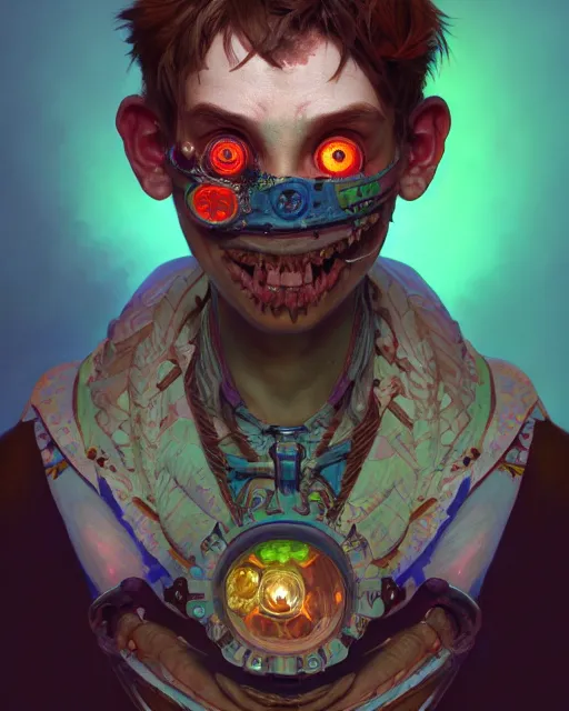 Image similar to portrait of a patchwork boy, bioluminescent, horror, asymmetrical art, highly detailed, concept art, cinematic, hyperrealism, epic, art by stanley lau and artgerm and magali villeneuve and alphonse mucha and pixar, artstation, octane render, cgsociety