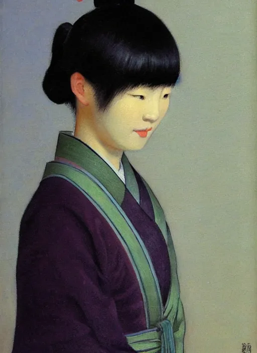 Image similar to Painting of a Japanese woman with bangs in the style of Jean-Léon Gérôme