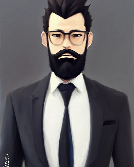 Image similar to a oil painting portrait of a stylish bearded man wearing suit outfit, by makoto shinkai trending on artstation