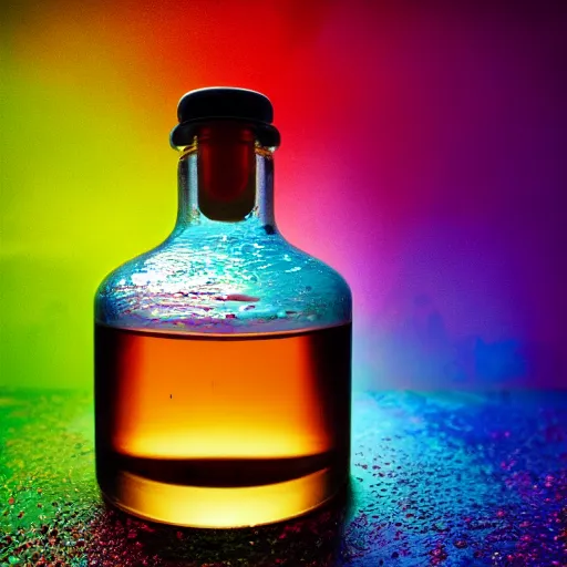 Image similar to a potion filled with a magical,colorful liquid,studio lighting,4k,realistic