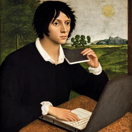 Image similar to portrait of a shaggy black haired teenager with a black colored sweater with a laptop, full body, renaissance painting, ultra detailed, high resolution, masterpiece