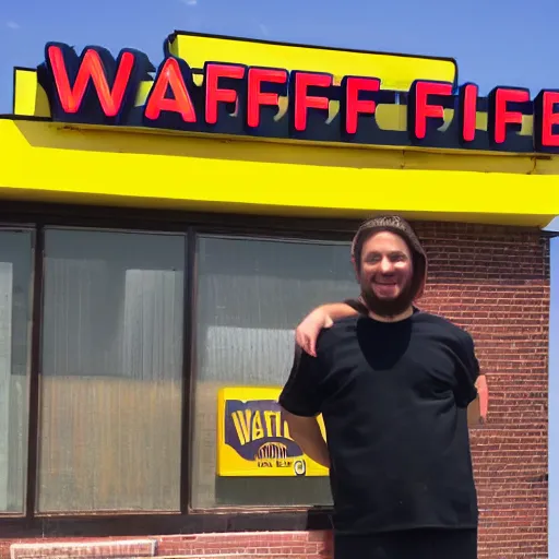 Image similar to wafflehouse employee's standing below wafflehouse sign