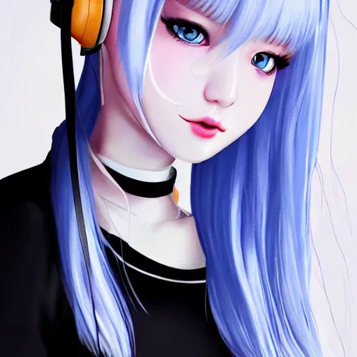 Image similar to realistic detailed semirealism beautiful gorgeous cute Blackpink Lalisa Manoban white hair white cat ears blue eyes, wearing black camisole maid outfit, headphones, black leather choker full HD 4K high resolution quality WLOP, Aztodio, Taejune Kim, Guweiz, Pixiv, Instagram, Artstation