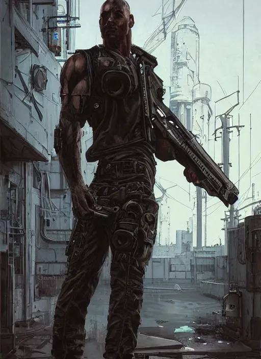 Image similar to Dumb Bubba. Buff cyberpunk meathead losing a fight. Realistic Proportions. Epic painting by James Gurney and Laurie Greasley. Moody Industrial setting. ArtstationHQ. Creative character design for cyberpunk 2077.