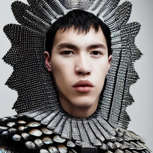 Image similar to a portrait of a beautiful young male wearing an alexander mcqueen armor made of fish scales , photographed by andrew thomas huang, artistic