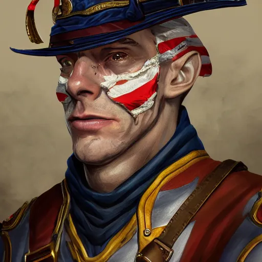 Image similar to portrait of a man in a continental battlecoat with an american flag belt, D&D, fantasy, elegant, hopeful, muscular, highly detailed, digital painting, artstation, concept art, smooth, sharp focus, illustration