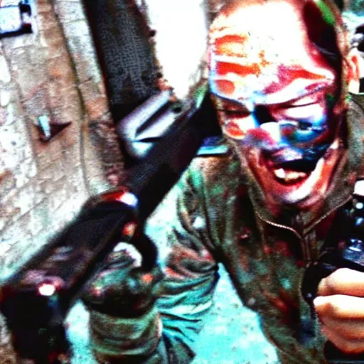 Image similar to gopro footage of putin's head being eviscerated by paintballs, ultra realism, cinematic lighting, retro