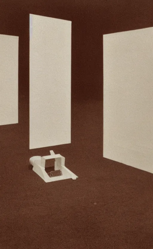 Prompt: a filmstill of a readymade object in a museum, empty white room, in the style of Marcel Duchamp