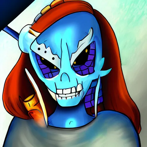 Image similar to digital painting of Undyne from the game Undertale