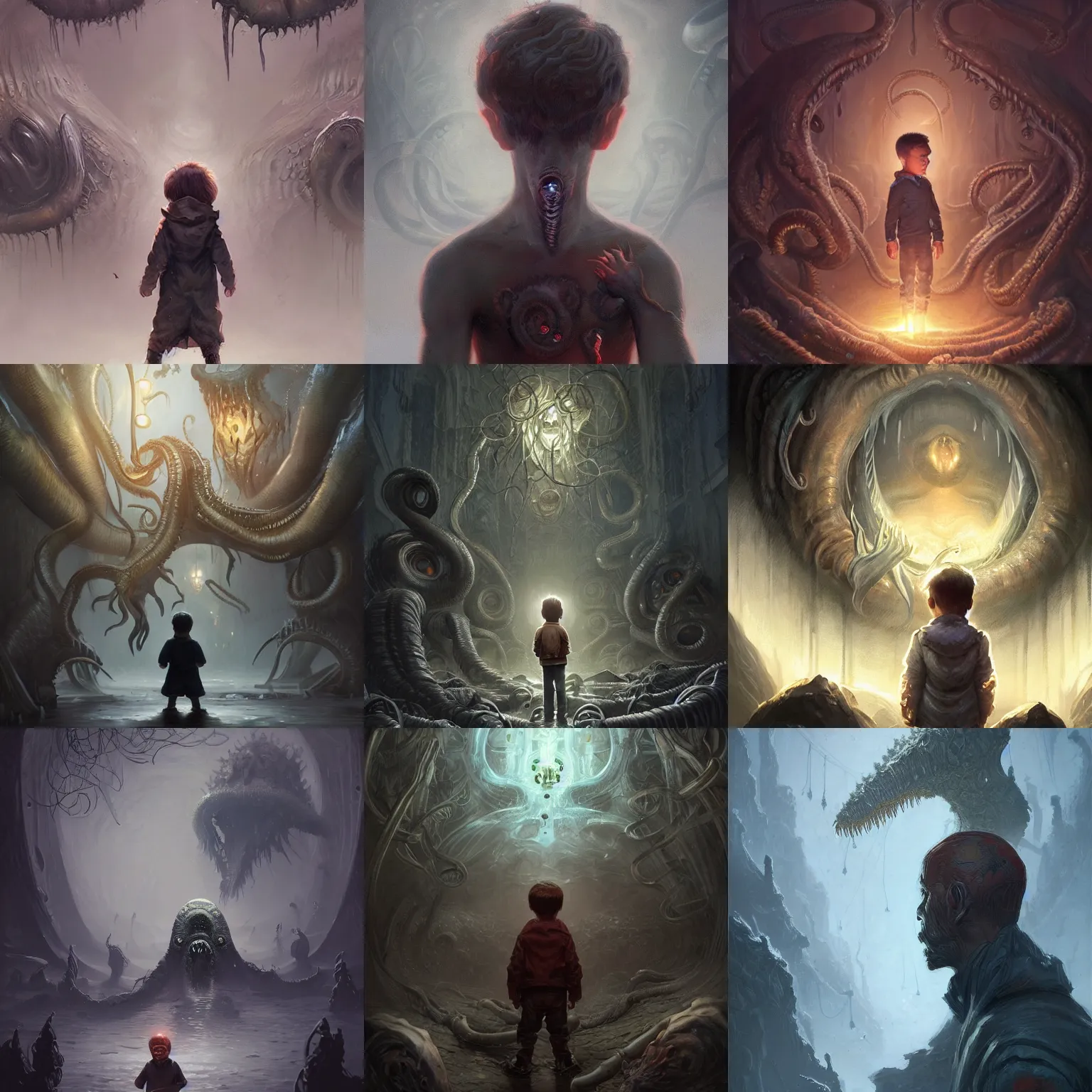 Prompt: a boy surrounded by lovecraftian horrors, highly detailed, digital painting, trending on artstation, concept art, sharp focus, illustration, art by artgerm and greg rutkowski and magali villeneuve
