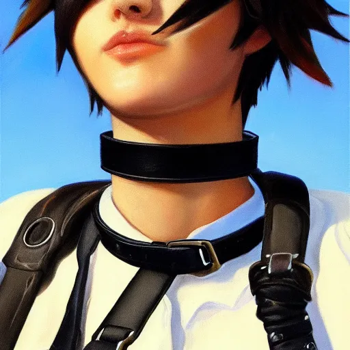 Image similar to oil painting of tracer overwatch in a field wearing very large black leather belt choker collar around neck, in style of mark arian, expressive face, very detailed face, very detailed eyes, belt around neck, full body, feminine face, tracer overwatch,