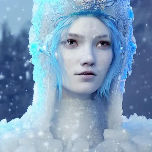 Image similar to ice goddess with beautiful face with a glowing blue crystal on her forehead, frosty white eyes, winter mist around her, white plated armor, pale skin, white smoke + photorealism, octane render, frostbite, 8 k, cinematic, 3 5 mm, aspect ratio