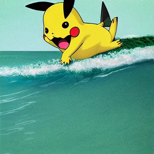 Image similar to pikachu surfing on a wave made of green slime