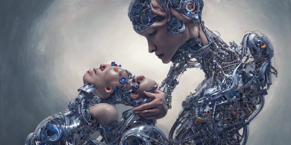 Image similar to hyperrealistic photography of a gorgeous cyborg constructing a human birthing machine in the style of Jin Kagetsu, James Jean and wlop, highly detailed, masterpiece, award-winning, sharp focus, intricate concept art, ambient lighting, 8k, artstation