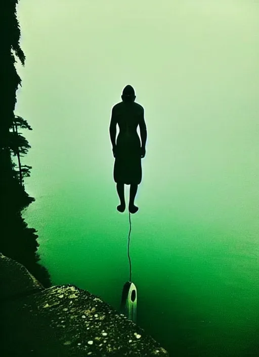 Image similar to “pepe the frog vertically hovering above misty lake waters in jesus christ pose, low angle, long cinematic shot by Andrei Tarkovsky, paranormal, eerie, mystical”