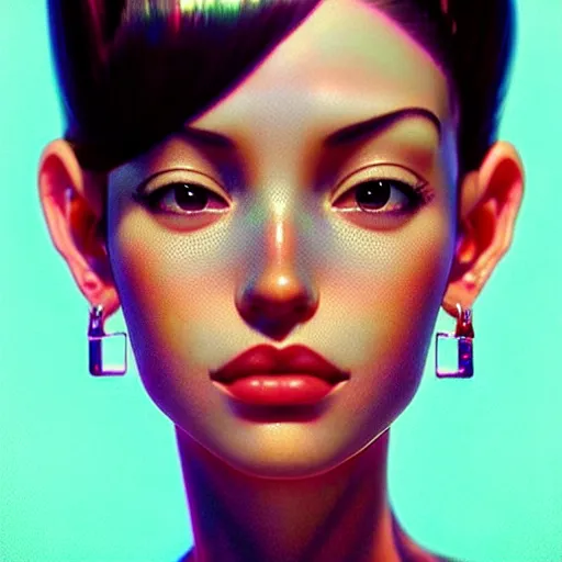 Image similar to a beautiful skinny latina wearing fashionable dress with head tilted back, focus close on eyes realistic skin texture, eighties holographic art by ilya kuvshinov lois van baarle ross tran range murata artgerm katsuhiro otomo norman rockwell, highly detailed intricately sharp focus, bedroom eyes trending on pinterest vogue italia unreal engine 5, 4 k uhd image