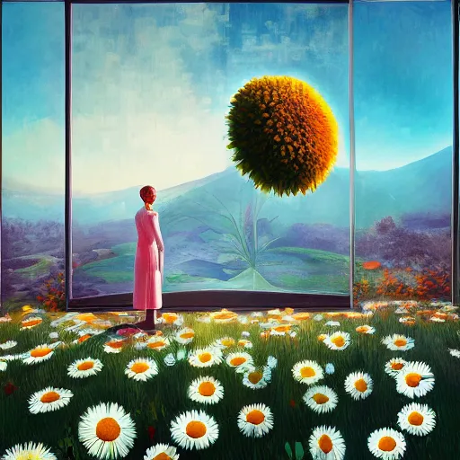 Prompt: a giant daisy flower head, woman in suit, standing next to modern window in luxury loft, surreal photography, sunlight, impressionist painting, digital painting, artstation, simon stalenhag