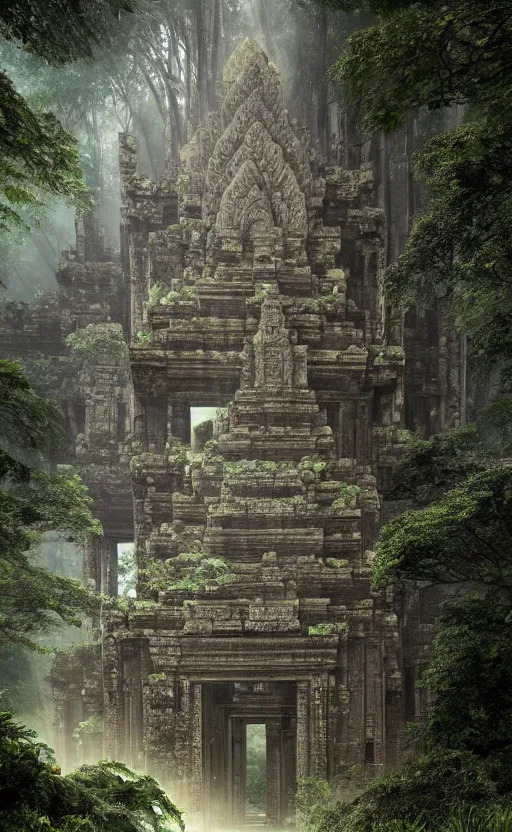 Prompt: khmer temple ruin in a dark dense jungle, soft grey and green natural light, crepuscular rays, intricate, digital painting, artstation, concept art, smooth, sharp focus, illustration, art by greg rutkowski and luis rollo and uang guangjian and gil elvgren, symmetry!