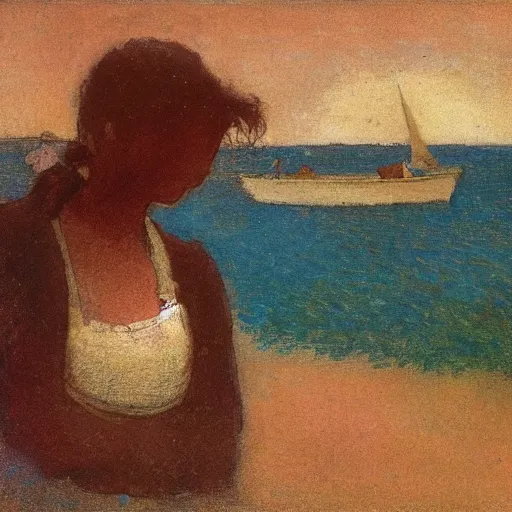 Image similar to a woman and her black and brown chihuahua at the sea with a boat in the distance by odilon redon