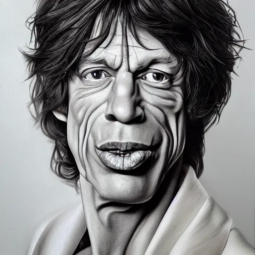 Prompt: Caricature portraits done of Mick Jagger, realistic, hyperrealistic, very realistic, highly detailed, very detailed, extremely detailed, detailed, oil painting, digital art, trending on artstation