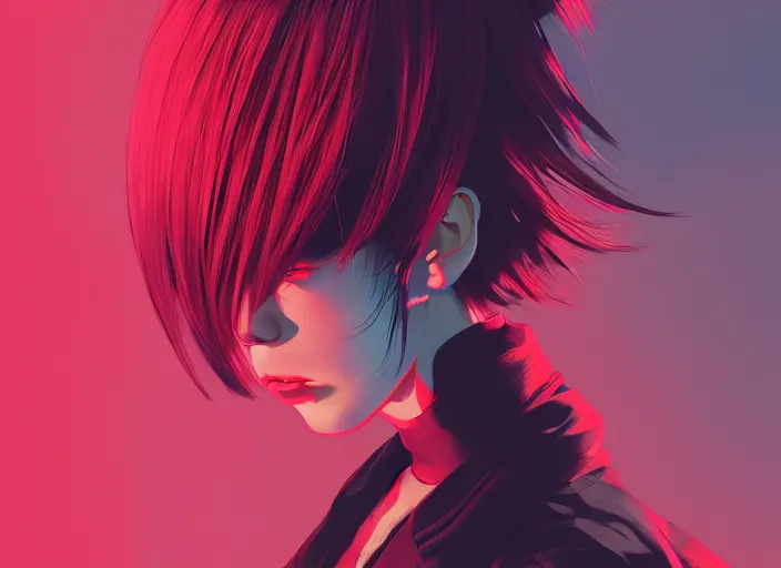 Image similar to editorial illustration by Karolis Strautniekas and Mads Berg, colorful, anime portrait vampire princess miyu, katsuhiro otomo, manga, Ilya kuvshinov,fine texture, manga shading, fine details, matte colors, film noir, dramatic lighting, dynamic composition, moody, vivid, volumetric,Narumi Kakinouchi