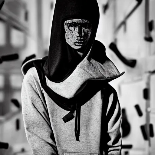 Image similar to fashion photography of an extraterrestrial model, wearing futuristic hip - hop streetwear fashion, inside berghain, berlin fashion, futuristic fashion, photo 3 5 mm leica, hyperdetail, hoodie, 8 k, very detailed, black and white