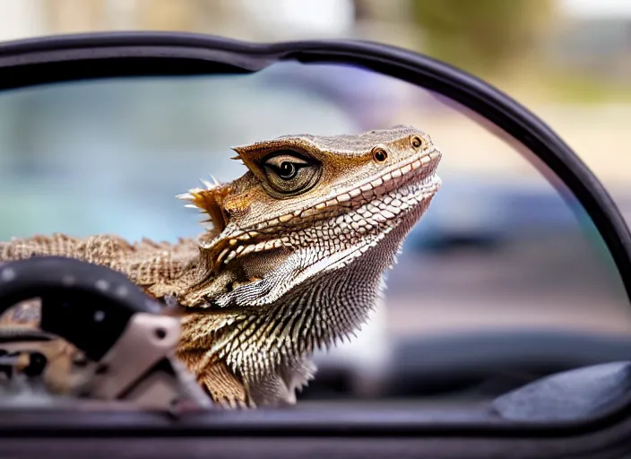 Image similar to dslr portrait still of a bearded dragon driving a little toy car, 8 k 8 5 mm f 1. 4