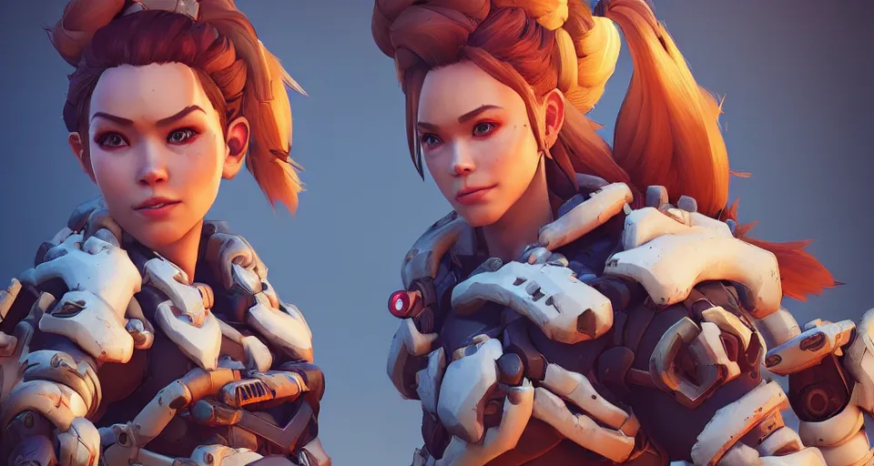 Image similar to one character, overwatch, brigitte, horizon zero dawn, aloy, digital art, high detailed, artstation, octane render