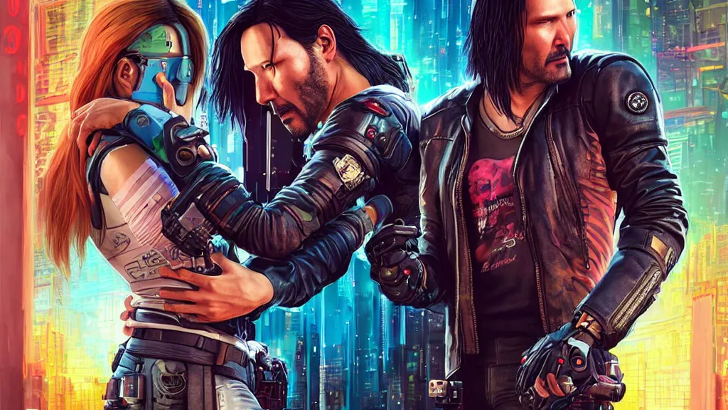 Image similar to a cyberpunk 2077 srcreenshot couple portrait of Keanu Reeves as johnny silverhand & female android in kiss,love story,film lighting,by Laurie Greasley,Lawrence Alma-Tadema,Dan Mumford,John Wick,Speed,Replicas,artstation,deviantart,FAN ART,full of color,Digital painting,face enhance,highly detailed,8K,octane,golden ratio,cinematic lighting