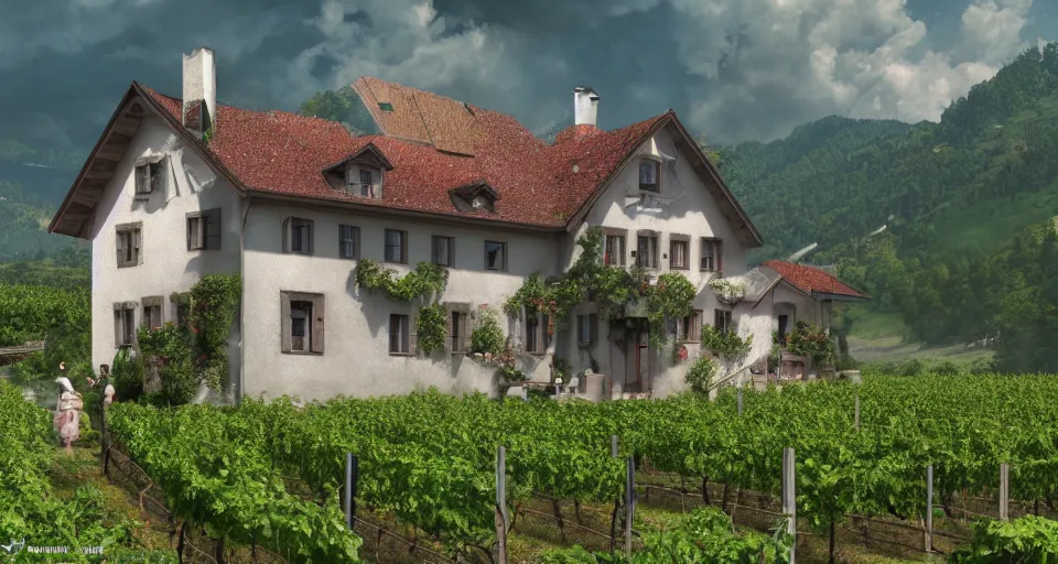 Image similar to A beautiful hyper realistic ultra detailed lifelike matte painting of traditional austrian house in a vineyard, unreal engine, deviantart, flickr, artstation, octane render, textured, colorful, extreme realistic detail, physically based rendering, pbr render, very detailed, volumetric lighting, detailed lighting, octane render, 4k, cinematic lighting, 8k resolution