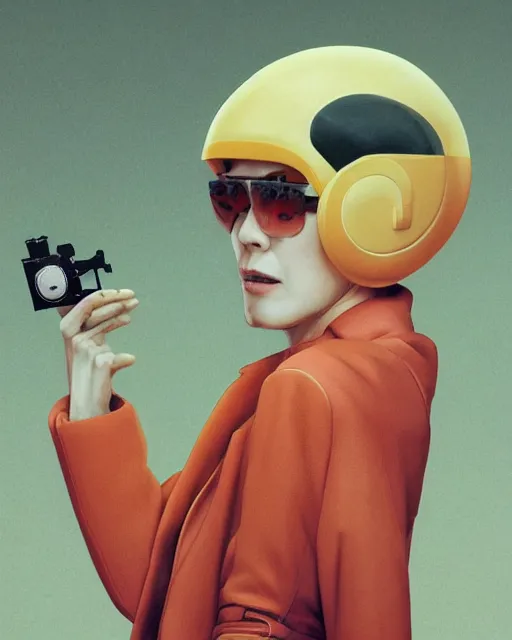 Prompt: portrait of alone androgynous female artist wearing long orange vintage leather coat and wearing giant modular synthesizer boombox helmet, amber glasses, cassette futurism. bakelite cliffs, moss green japanese forest background, ultrafine hyperdetailed illustration by hsiao - ron cheng and artgerm, the grand budapest hotel, glow, no crop, digital art, artstation, pop art