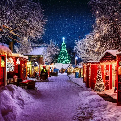 Image similar to Christmas village with snow at night horror atmosphere scary lighting string lights silhouette in the distance photorealistic HDR