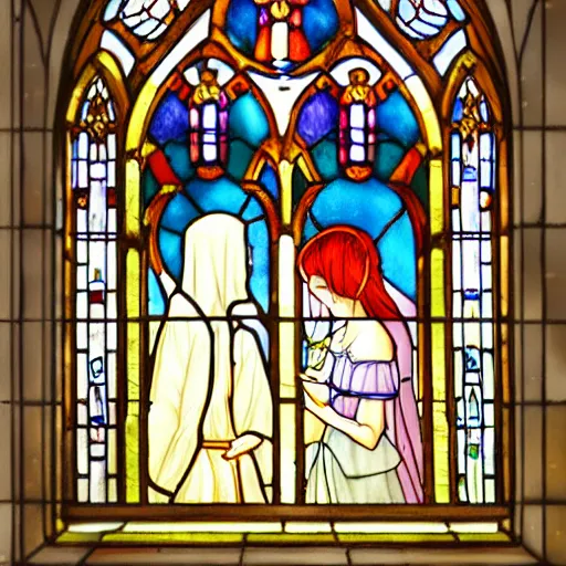 Prompt: a detailed beautiful picture of the window of the church, a bride and a groom, sky, flower, by makoto shinkai, - w 7 6 8