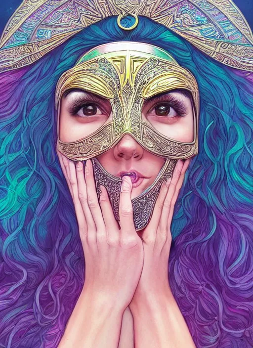 Image similar to “ gal gadot as adorable woman wear beautiful intricate mask, pastel color, iridescent, highly detailed, tarot card featured on artstation, cgsociety, artgerm, clear symmetrical face, by moebius, kelly mckernan, skeeva and tom bagshaw, 8 k, intricate details, fantasy, character design, concept art ”