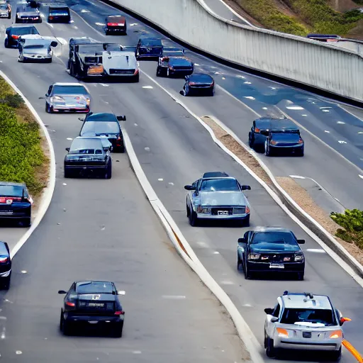 Prompt: Minor traffic accident on the LA 405 freeway with the automobile drivers as dolphins, Close up, 8k