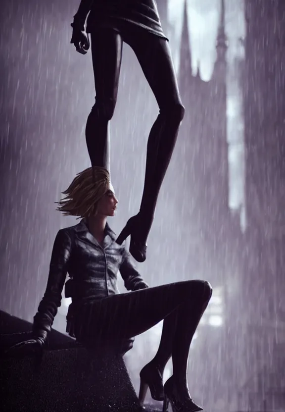 Image similar to cosmopolitan model annie leonhart posing with open toe heels in dunwall city, beautiful face, detailed face, realistic eyes, cinematic lighting, rainy weather, melancholy atmosphere, volumetric light, octane render, gothic architecture, realistic reflections, model agency, instagram photo, depression and despair