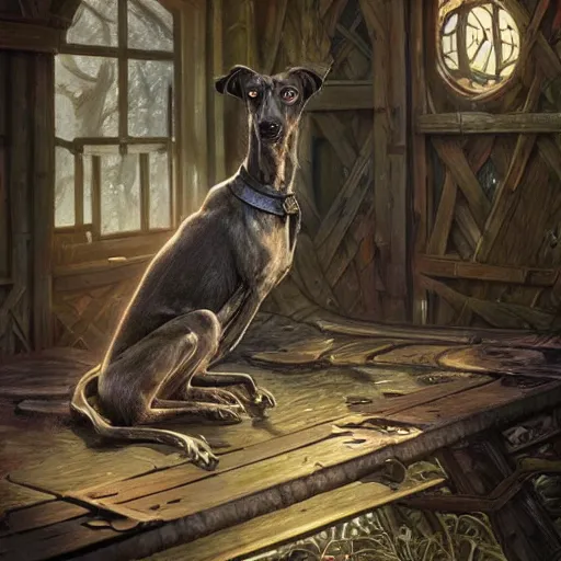 Image similar to an old dark brindle greyhound is sitting on a conveyor belt at the glue factory, d & d, fantasy, intricate, elegant, highly detailed, digital painting, artstation, concept art, matte, sharp focus, illustration, hearthstone, art by artgerm and greg rutkowski and alphonse mucha