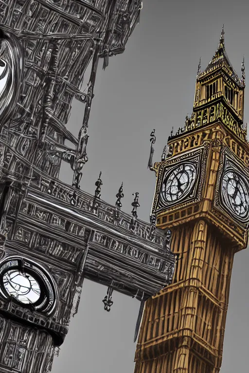 Image similar to photography of a hyghly detailed ghost pirate ship flying above big ben. london. intricate, hyper realism, professional digital art, unreal engine 5, 8 k render, sharp focus, trending on art station.